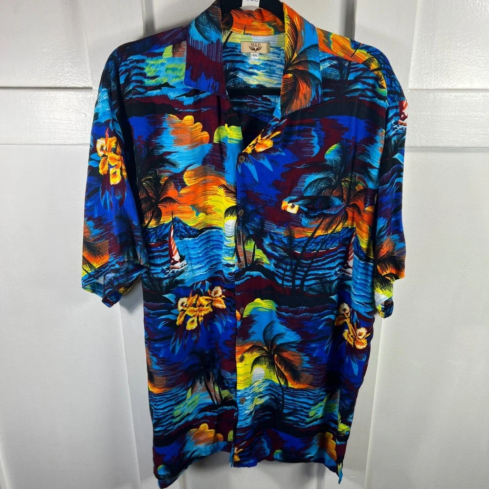 M&B Mens XXL Tropical Island Sunset Palm Tree Hibiscus Aloha Camp Shirt Blue